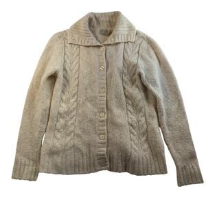 LL Bean L Large Cardigan Sweater Ivory Wool Blend Fisherman Cable Knit Grandma